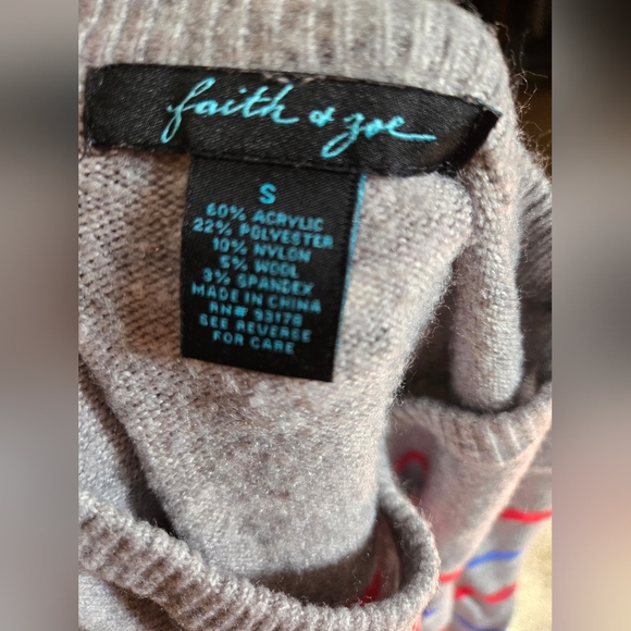 3 For $30 Faith & Zoe Gray Sweater with Red and Blue Stripes - Picture 2 of 2